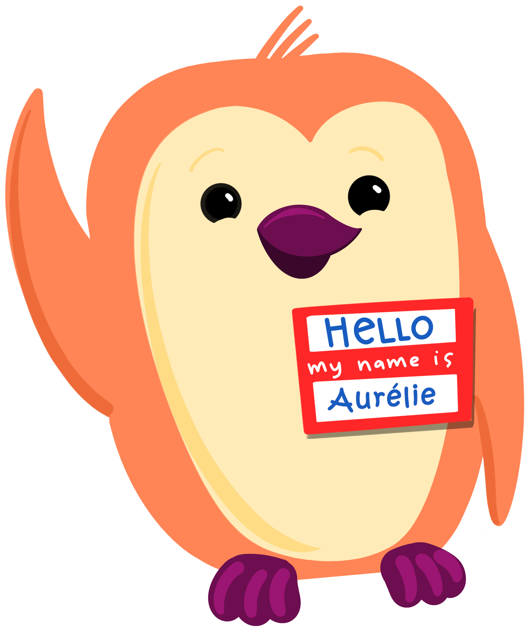 Penguin with nametag that says "Aurélie"