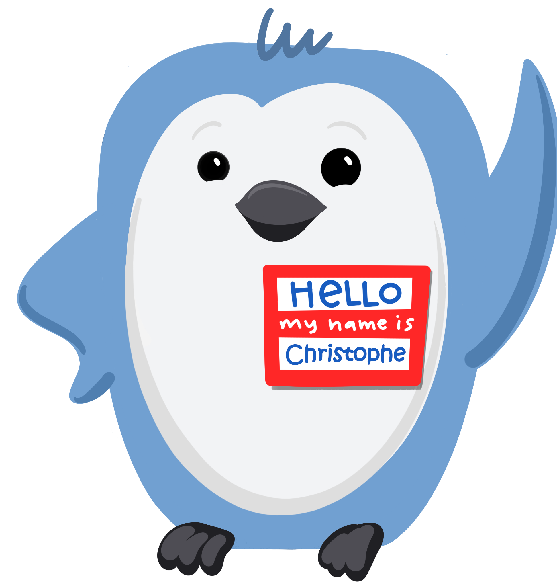 Penguin with nametag that says "Christophe"